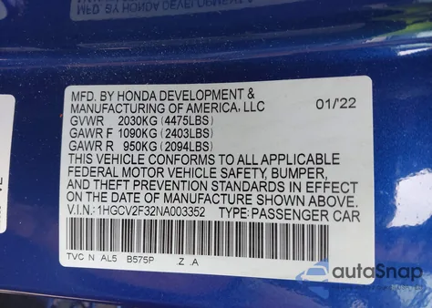 2022 Honda Accord Sport z USA, uszkodzony, nr VIN 1HGCV2F32NA003352